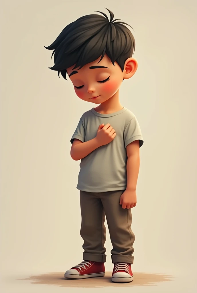 Fist on chest which gives a faithful 
wives , with normal t-shirt and pant , young boy , with head leaning down with respect 
