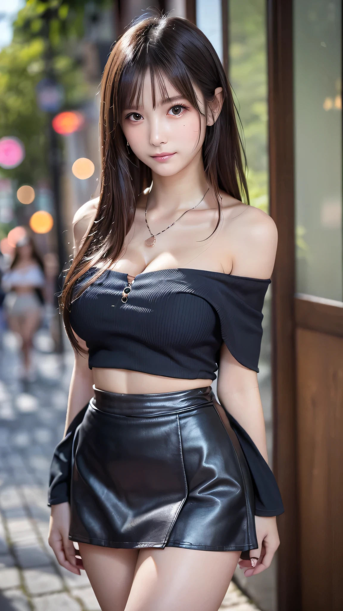 in 8K，photos realistic (1 Cute Japanese Idol ) low-tied long hair, Thin makeup, Medium chest size, Close-up portrait, nffsw、Punk Girl、necklace,breasts deep cleavage、FULL BODYSHOT、beauty legs、Beautiful legs、16-year-old 、She's looking at this、(Super beautiful girl:1.5)、(A detailed face)、Adult face、Bare legs, thighs、a closeup、full body Esbian、Nasty eyes、((Random sexy poses:1.5)),((full shot:1.5)),((beautiful skin:1.5)) ,((skirt:1.5)),((Off-the-shoulder tops:1.5)),((An inviting pose:1.7)),(Around town:1.5),((Embarrassed face:1.7))