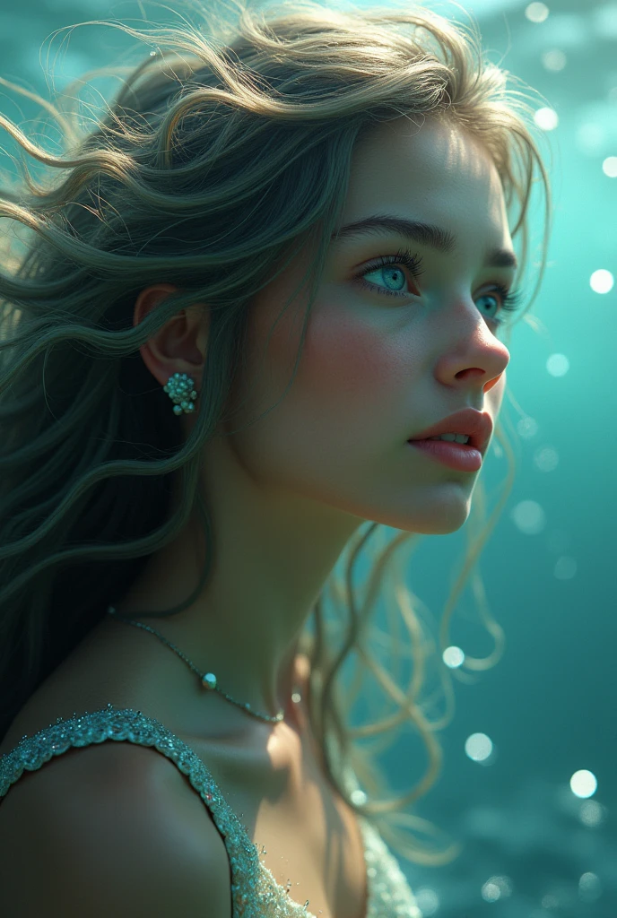 Close-up of Charlotte, the mermaid, with an expression of wonder and determination as he looks out at the ocean surface.