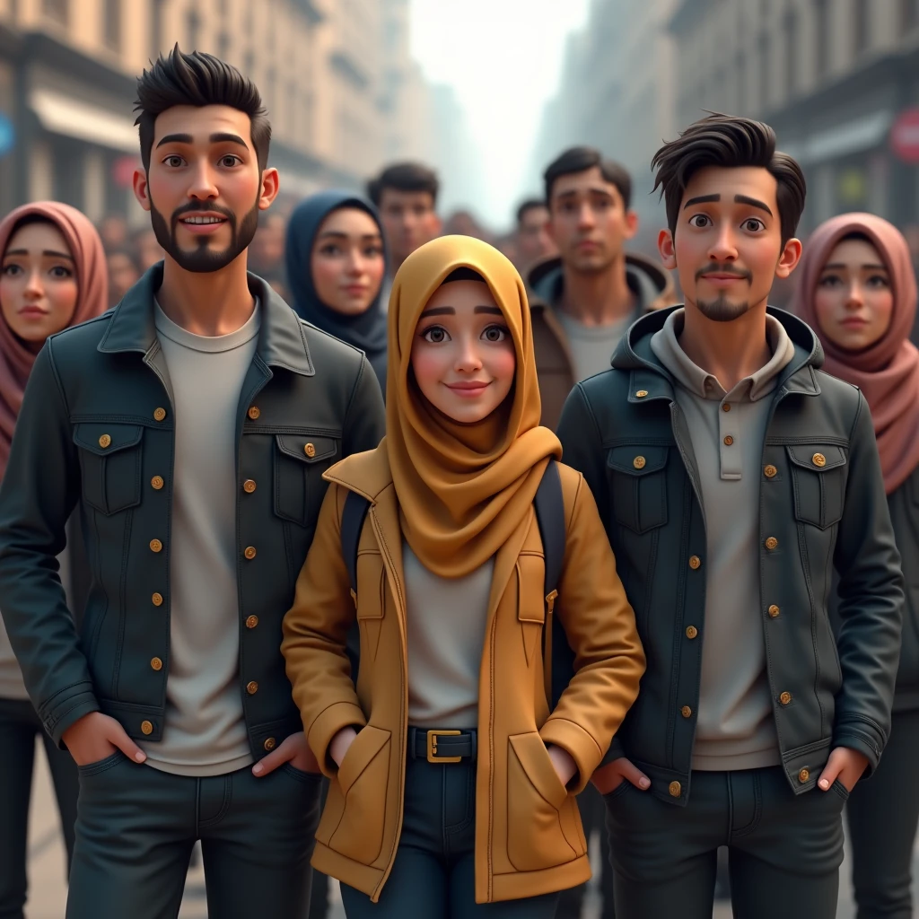 ((3 hijabless man wear jacket), (2 hijabbed woman), (1 hijabless teenage girl)), casual fashion, happy expression, just concentrate, white skin people, crowdless, extreme detail, masterpiece, 4k, gaming character, adult 3D character, proportional, cinematic lighting