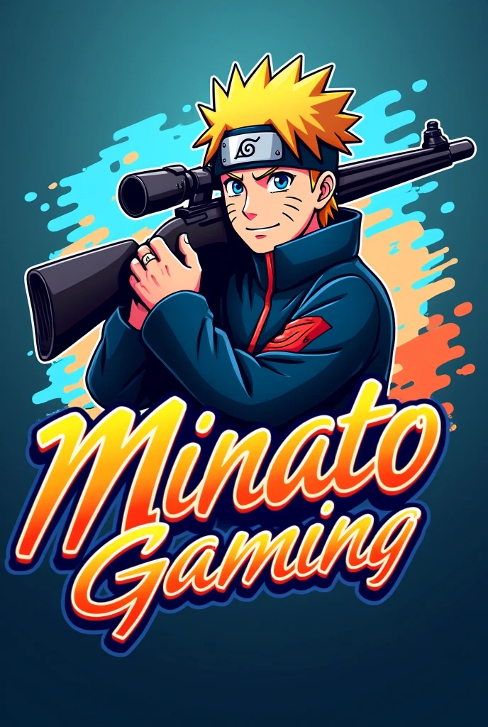 The logo features Minato Namikaze in a dynamic pose, holding an AWM sniper rifle and giving a thumbs up. The text "Minato Gaming" is written in a stylized, cursive font next to him, with a subtle ninja headband incorporated into the design. The color scheme is a mix of blue and orange, evoking a sense of energy and playfulness. background should have dynamic colors . the ratio of pic should be 9:16 and the logo should be fit for the profile for the youtube account