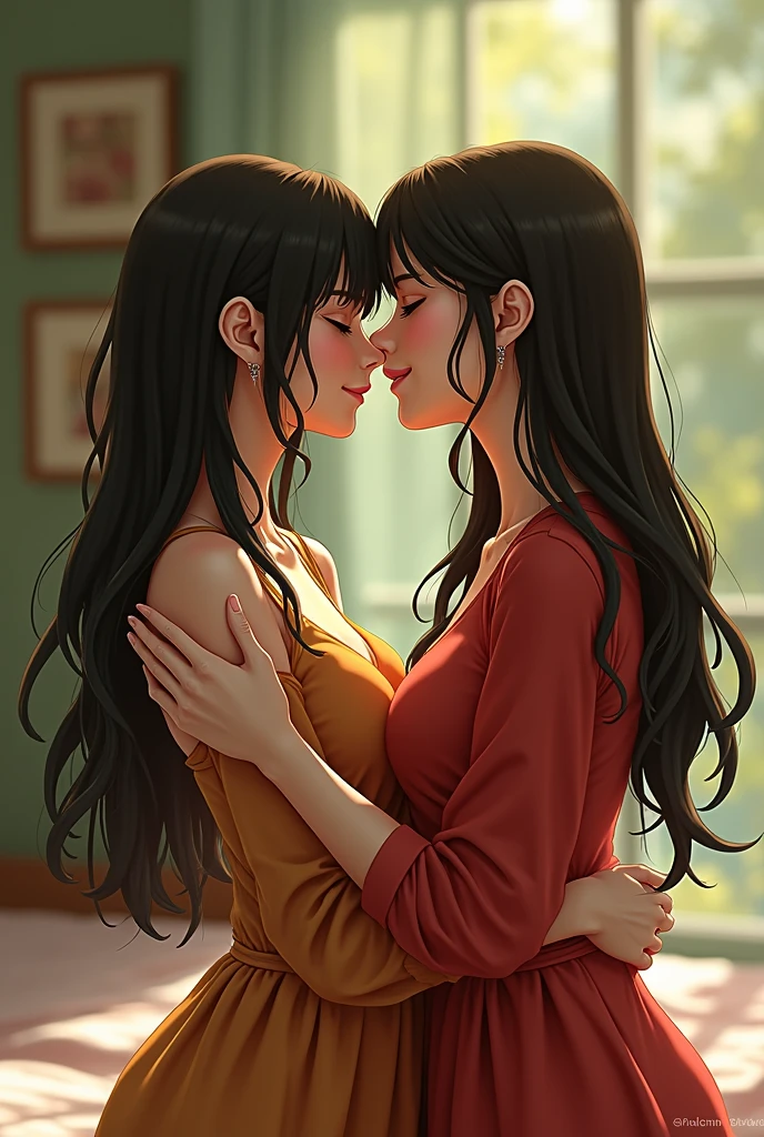Two girls rubbing chest each other