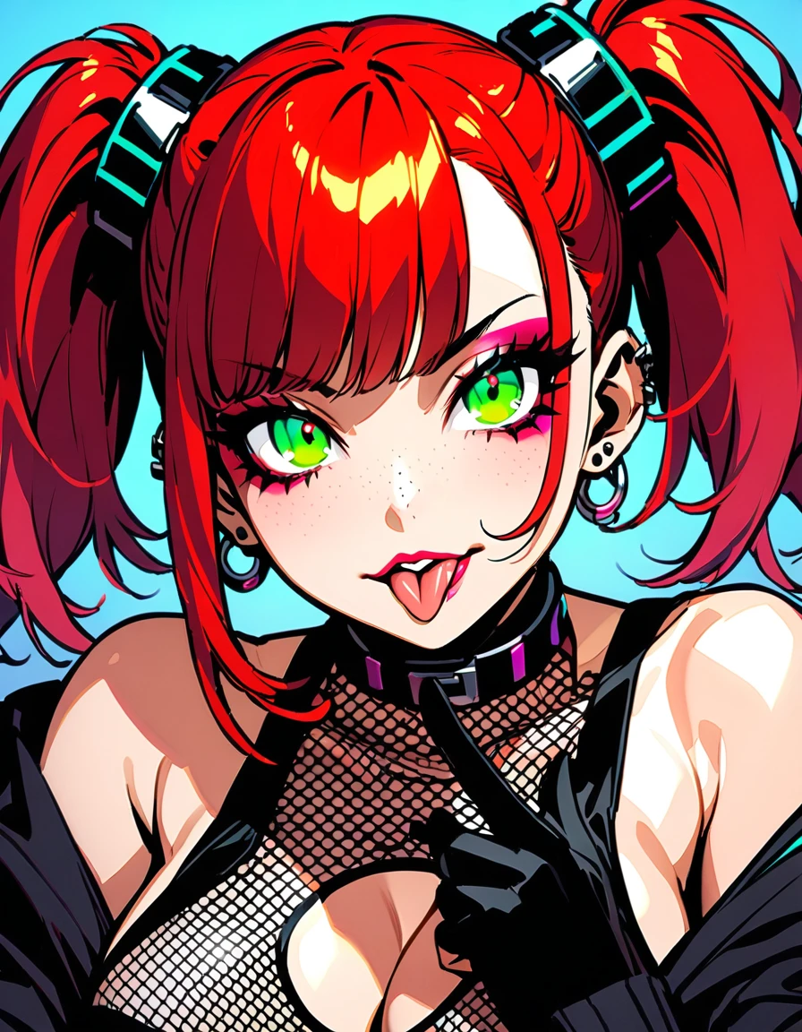 woman, curly red hair in pig tails, green eyes, eye shadow, black hoodie, black finger-less gloves, exposed shoulders, large breasts, freckles, cleavage, fishnet undershirt, looking at viewer, Holo-Punk Style, goth, earrings, eyelashes, makeup, solo, tattoo, punk aesthetic, masterpiece, best quality, face close up, sticking tongue out, split tongue, two fingers