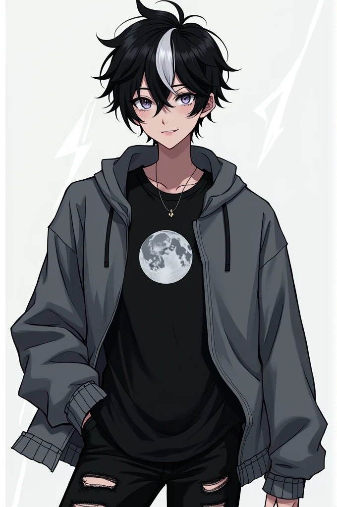 (A young man, with slightly messy black hair, but in his bangs there is a white streak. His eyes are completely white, a beautiful smile. He wears a black t-shirt and a shirt that has a moon in the middle of the t-shirt, and a gray jacket, your pants are black ripped jeans