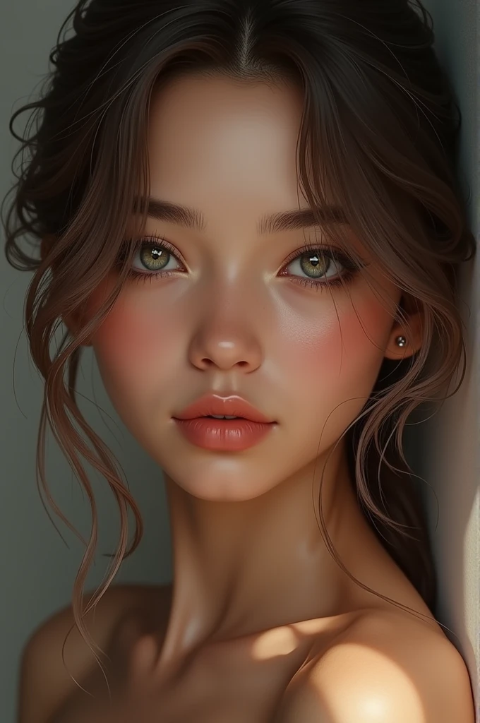 Create a realistic beautiful young woman with brown skin details, dark blonde hair, light eyes and full mouth in the shape of a lying heart