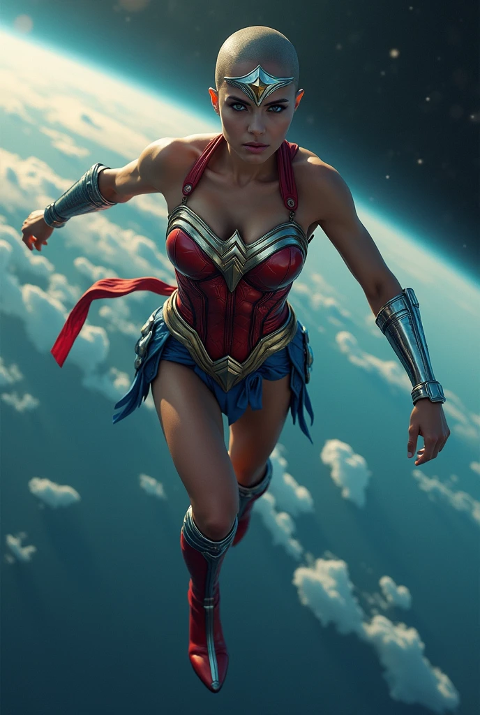 A beautiful woman with her head completely shaved or shaved wearing the costume of the Amazon warrior Wonder Woman (((Red and blue leather jumpsuit)))Silver colored diaema with a star on her forehead silver colored bracelets red leather boots long to her knees flying over space and looking at the planet earth from above in space