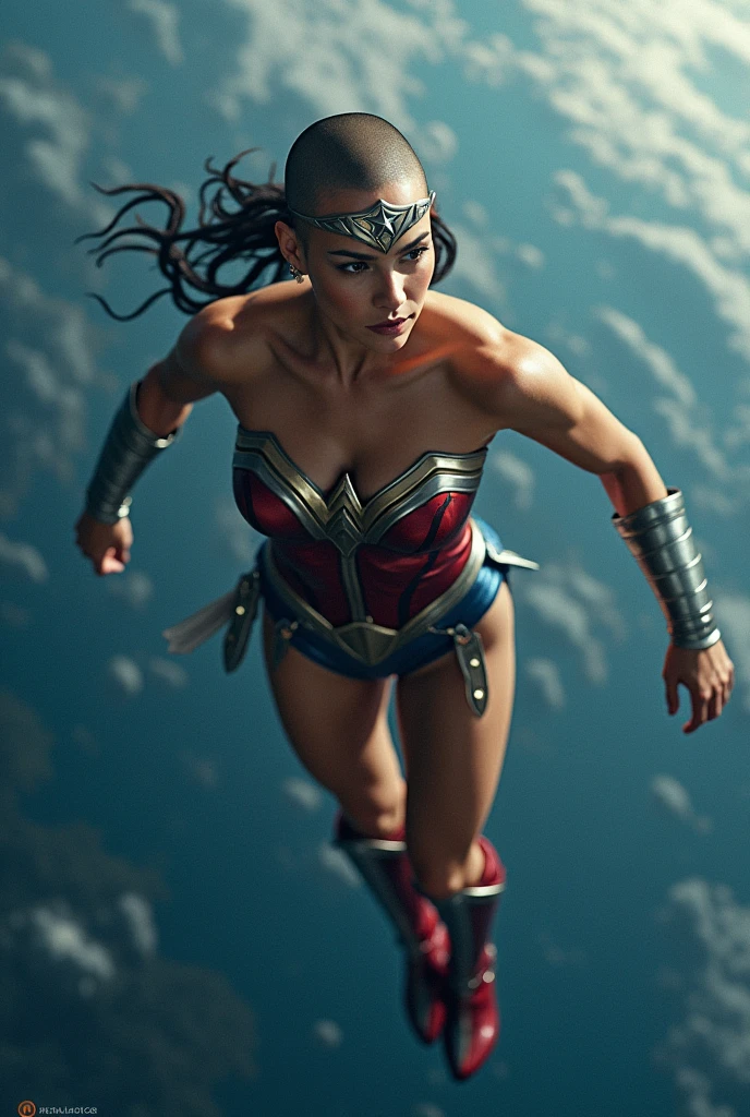 A beautiful woman with her head completely shaved or shaved wearing the costume of the Amazon warrior Wonder Woman (((Red and blue leather jumpsuit)))Silver colored diaema with a star on her forehead silver colored bracelets red leather boots long to her knees flying over space and looking at the planet earth from above in space 
