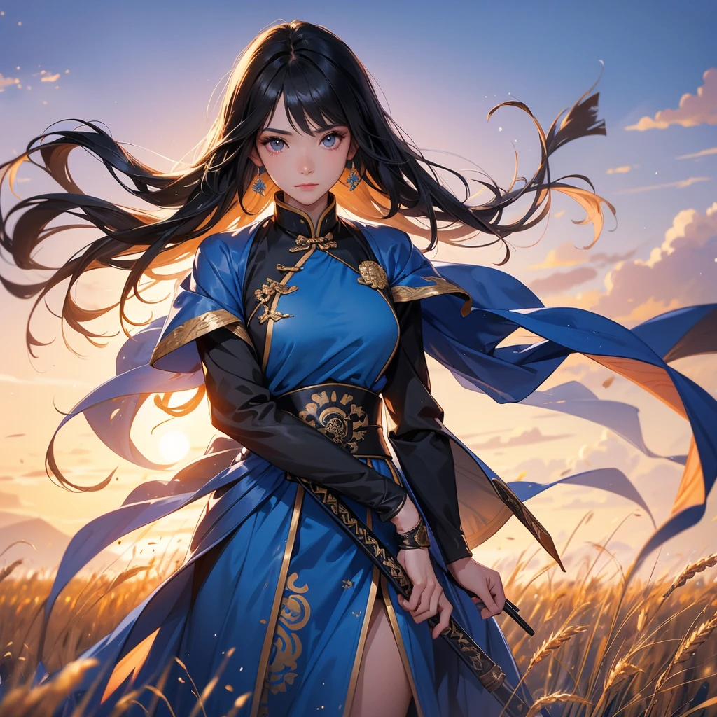 beautiful woman black-haired male general holding a large sword in blue ancient Chinese general costume, Standing in the middle of wheat field, sunset, close up.