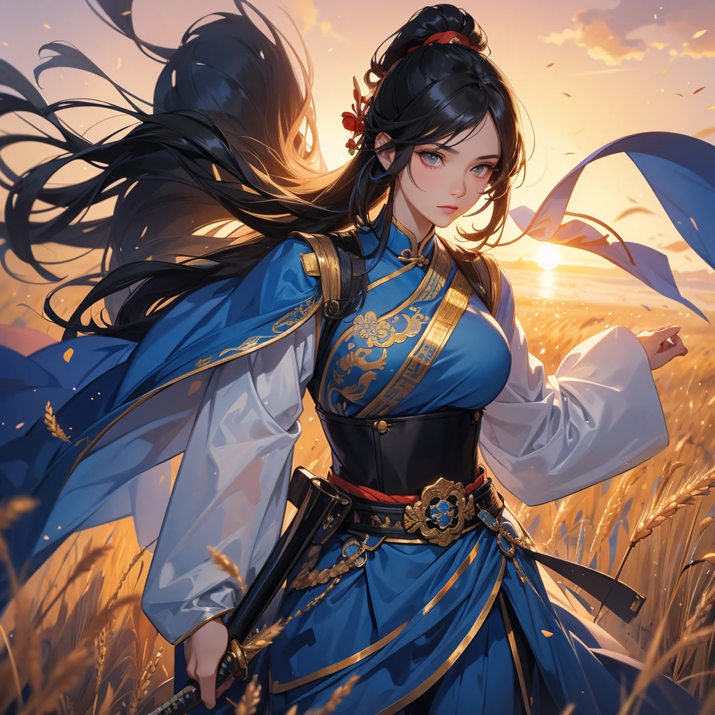 beautiful woman black-haired male general holding a large sword in blue ancient Chinese general costume, Standing in the middle of wheat field, sunset, close up.