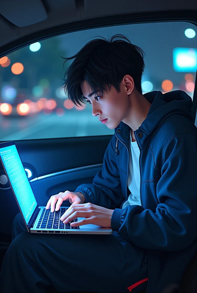 take a picture of a young man sitting in the back seat using a notebook, programming encodes all of this into anime