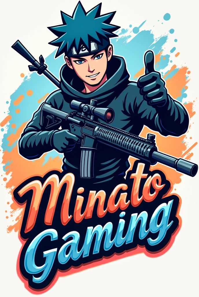 The logo features Minato Namikaze in a dynamic pose, holding an AWM sniper rifle and giving a thumbs up. The text "Minato Gaming" is written in a stylized, cursive font next to him, with a subtle ninja headband incorporated into the design. The color scheme is a mix of blue and orange, evoking a sense of energy and playfulness. background should have dynamic colors and the logo should be fit for the profile for the youtube account