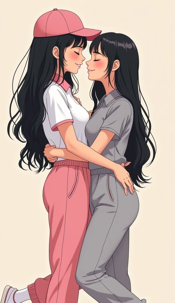 Two girls long black hairs, yuri
The first girl wear a white adidas polo shirt pink shirt collar pink sleeves, pink cap, pink adidas sweatpants with three white stripes, black underpants, medium white socks, white sneakers.
The second girl wore a white adidas polo shirt grey shirt collar grey sleeves, grey cap, grey adidas sweatpants with three white stripes, black underpants, medium white socks, white sneakers.
The hem of their adidas polo shirts was tucked into their sweatpants.
french kiss, lesbian kiss, hugging, sensual body, closed eyes, stands with they legs crossed, novel cartoon, 4K, HD