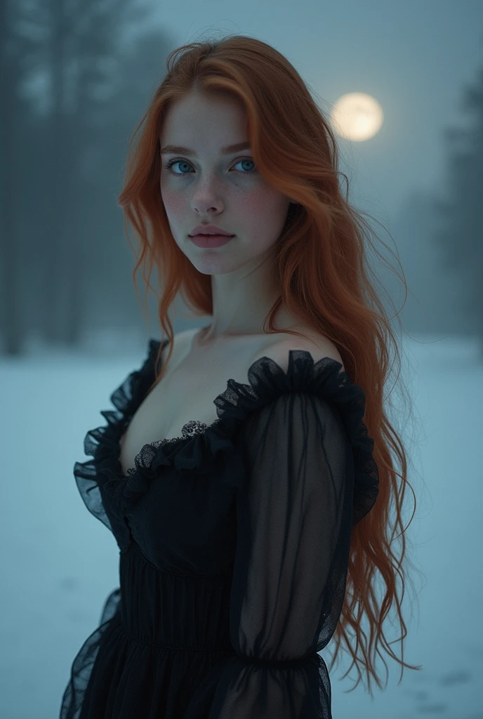 ((Kristina Pimenova s girl, , ginger hair, long hair, dress with frills,)), (dust, fog, mist:1.2), ethereal beautiful, close-up photo, slim, soft light, night shot, moon, sensual, photo-realistic, detailed skin, 8k uhd, dslr, Fujifilm XT3, full body, in the ice, gothic castle, soft lighting, film grain, masterpiece, best quality, 16k, high quality, high-res, award-winning, masterpiece, textured skin, high details