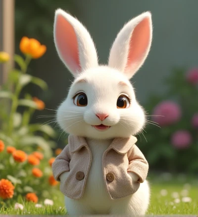 Imagine a lifelike little rabbit with humorously exaggerated features, oversized, dressed in cute clothes, bright eyes and curiosity, smiling, frontal image, smiling bunny, Disney style, capturing natural textures, although its little paws are slightly larger, they are even cuter. The background is a simple garden, with a focus on natural colors and some green plants, creating bright colors and white bunnies