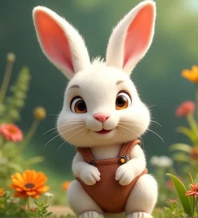 Imagine a lifelike little rabbit with humorously exaggerated features, oversized, dressed in cute clothes, bright eyes and curiosity, smiling, frontal image, smiling bunny, Disney style, capturing natural textures, although its little paws are slightly larger, they are even cuter. The background is a simple garden, with a focus on natural colors and some green plants, creating bright colors and white bunnies