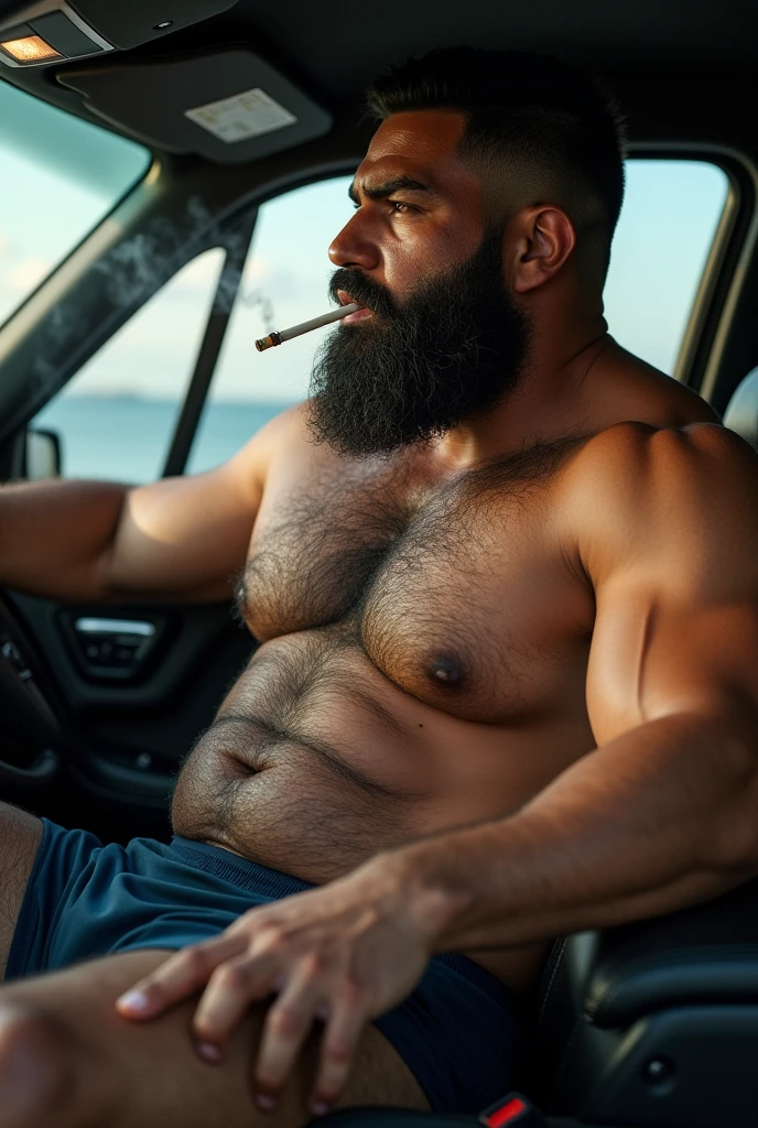 Strong, hairy, bearded mixed race man inside a luxury car, driving, in navy blue underwear, smoking a cigarette.