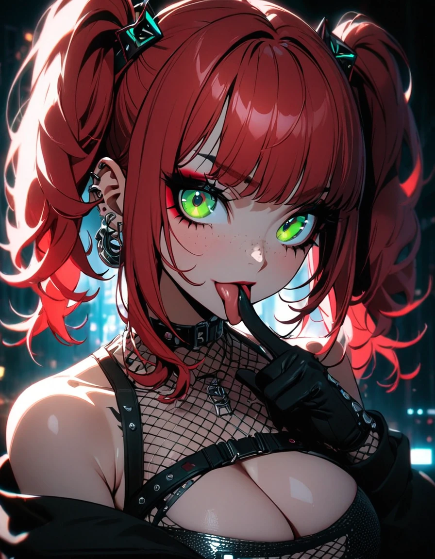 woman, curly red hair in pig tails, green eyes, eye shadow, black hoodie, black finger-less gloves, exposed shoulders, large breasts, freckles, cleavage, fishnet undershirt, looking at viewer, Holo-Punk Style, goth, earrings, eyelashes, makeup, solo, tattoo, punk aesthetic, cinematic lighting, masterpiece, best quality, face close up, sticking tongue out, two fingers