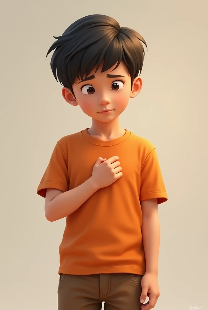 Fist on chest which gives a faithful
wives , with normal orange t-shirt and pant , young boy , with head leaning down with respect ,