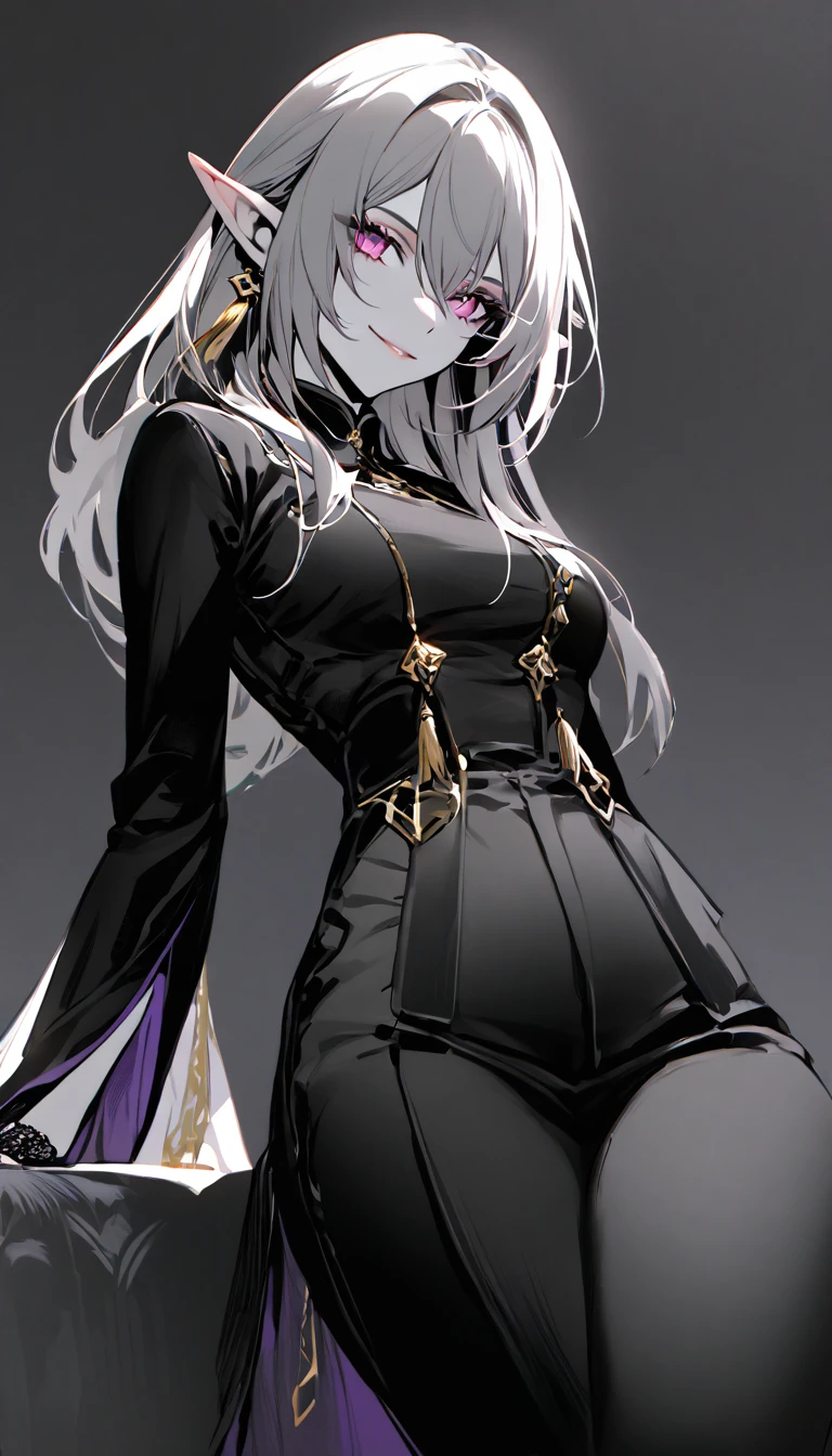 masterpiece, best quality, elysia \(herrscher of human:ego\) \(Honkai impact\), pointed ears, elf, pink hair, pink eyes, slit pupils, long hair, (sleek black ensemble:1.6), (golden button details:1.4), (structured jacket:1.5), (high-waisted pants:1.4), (purple high collar:1.3), (golden tassel accessories:1.5), (minimalist fashion:1.5), (monochrome palette:1.4), (tailored fit:1.5), (subtle gold accents:1.4), (sharp silhouette:1.4), (elegant and chic:1.6), (modern fantasy attire:1.4), dark background, looking at view, 1girl, solo, close mouth, smile, sit on sofa