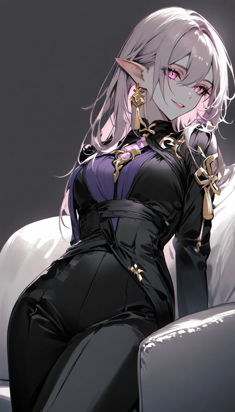 masterpiece, best quality, elysia \(herrscher of human:ego\) \(Honkai impact\), pointed ears, elf, pink hair, pink eyes, slit pupils, long hair, (sleek black ensemble:1.6), (golden button details:1.4), (structured jacket:1.5), (high-waisted pants:1.4), (purple high collar:1.3), (golden tassel accessories:1.5), (minimalist fashion:1.5), (monochrome palette:1.4), (tailored fit:1.5), (subtle gold accents:1.4), (sharp silhouette:1.4), (elegant and chic:1.6), (modern fantasy attire:1.4), dark background, looking at view, 1girl, solo, close mouth, smile, sit on sofa