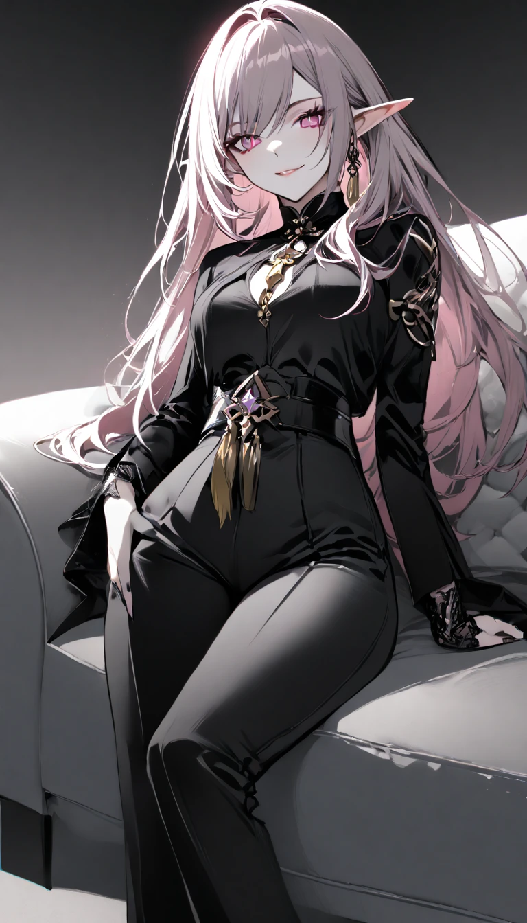 masterpiece, best quality, elysia \(herrscher of human:ego\) \(Honkai impact\), pointed ears, elf, pink hair, pink eyes, slit pupils, long hair, (sleek black ensemble:1.6), (golden button details:1.4), (structured jacket:1.5), (high-waisted pants:1.4), (purple high collar:1.3), (golden tassel accessories:1.5), (minimalist fashion:1.5), (monochrome palette:1.4), (tailored fit:1.5), (subtle gold accents:1.4), (sharp silhouette:1.4), (elegant and chic:1.6), (modern fantasy attire:1.4), dark background, looking at view, 1girl, solo, close mouth, smile, sit on sofa