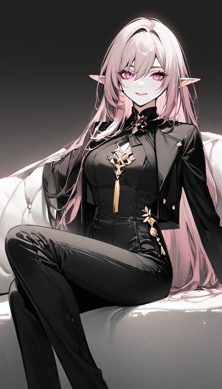 masterpiece, best quality, elysia \(herrscher of human:ego\) \(Honkai impact\), pointed ears, elf, pink hair, pink eyes, slit pupils, long hair, (sleek black ensemble:1.6), (golden button details:1.4), (structured jacket:1.5), (high-waisted pants:1.4), (purple high collar:1.3), (golden tassel accessories:1.5), (minimalist fashion:1.5), (monochrome palette:1.4), (tailored fit:1.5), (subtle gold accents:1.4), (sharp silhouette:1.4), (elegant and chic:1.6), (modern fantasy attire:1.4), dark background, looking at view, 1girl, solo, close mouth, smile, sit on sofa