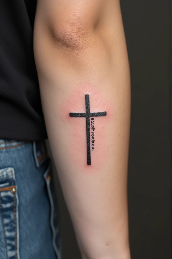 4cm cross tattoo on the side of the arm with the phrase MEMENTO MORI Vertically