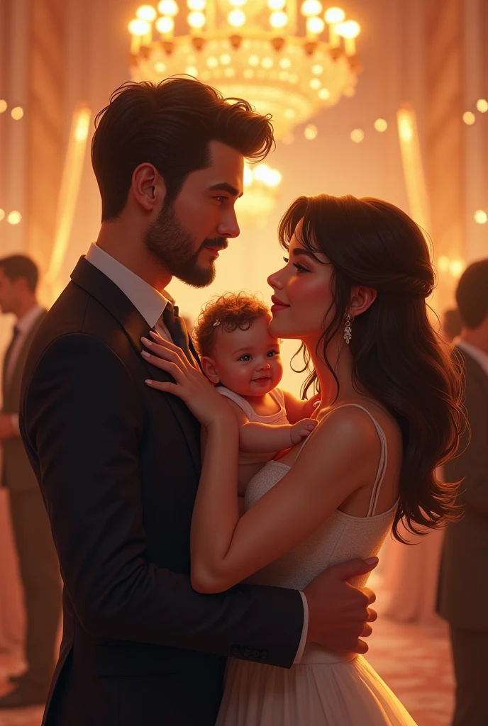 A mother of. medium wavy hair, Holding her baby daughter together with her husband The scene is a luxurious birthday party 