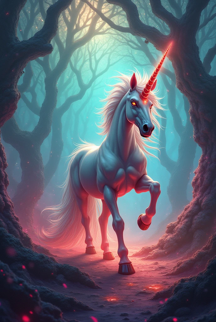 magical landscape with angry red unicorn