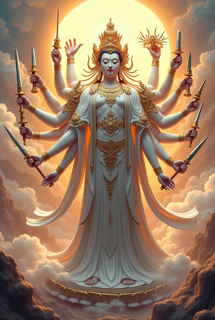 AI image of thousand hands thousand eyes buddha figure。hands holding different weapons, white outfit brighter background
