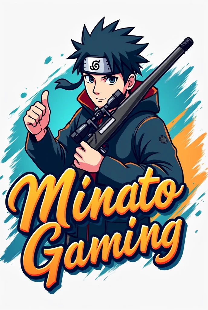 The logo features Minato Namikaze in a dynamic pose, holding an AWM sniper rifle and giving a thumbs up. The text "Minato Gaming" is written in a stylized, cursive font of him, with a subtle ninja headband incorporated into the design. The color scheme is a mix of blue and orange, evoking a sense of energy and playfulness. background should have dynamic colors    and the logo should be fit for the profile for the youtube account 
