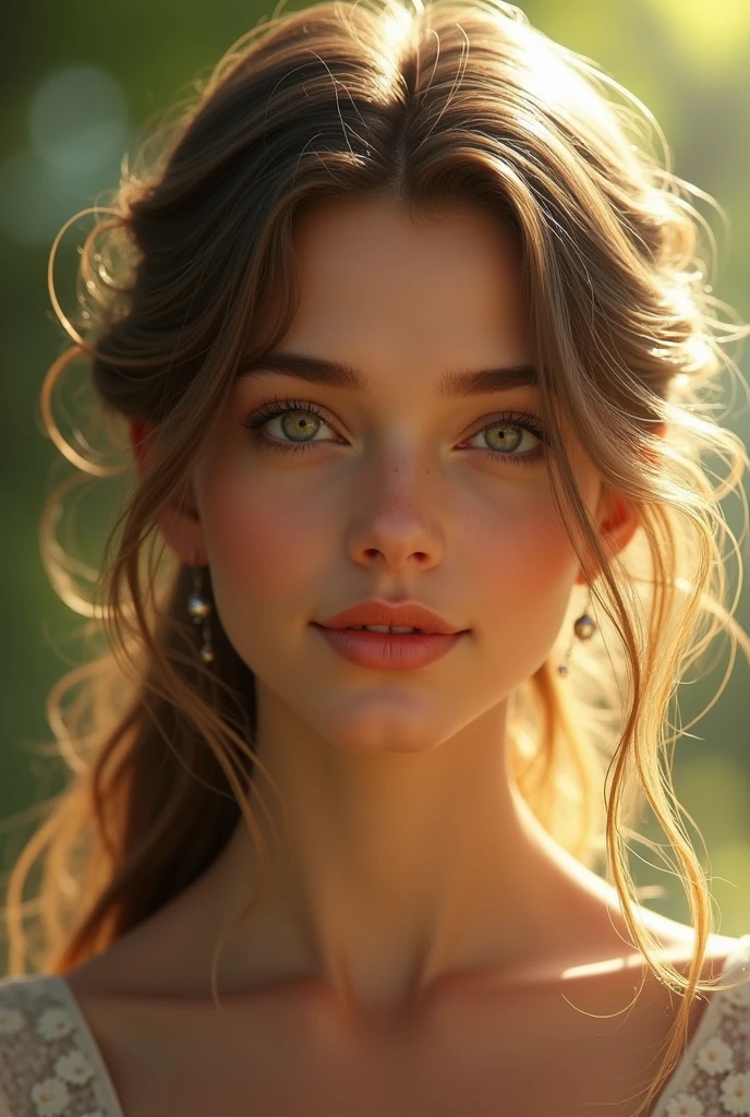 Create a realistic beautiful young woman with brown skin details, dark blonde hair, light eyes and full heart-shaped mouth