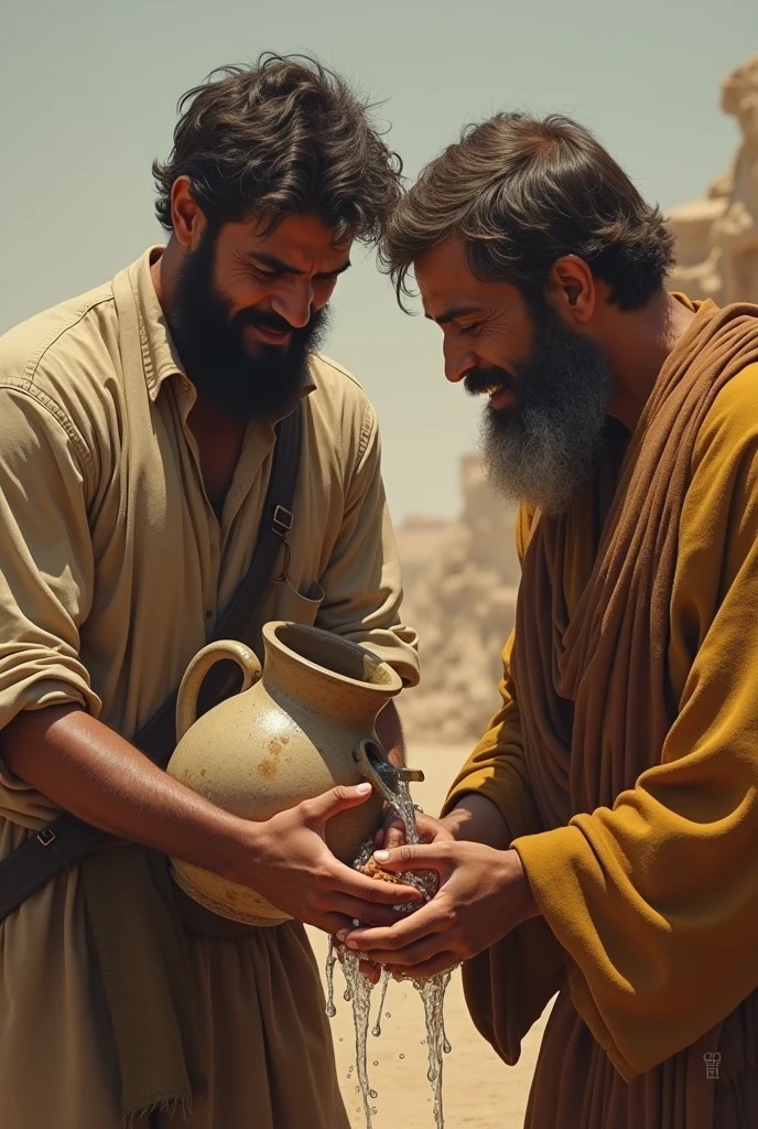 A man is giving water to another man from a jug