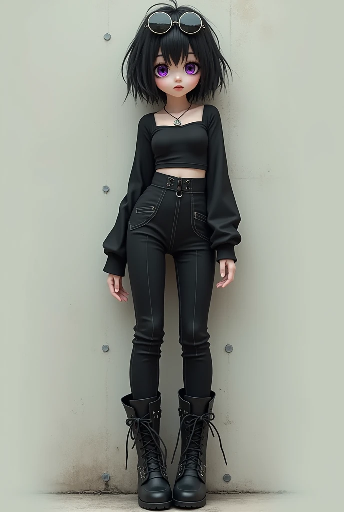Girl, short hair, Round lenses, D cup breasts, medium rear, black clothes, black japanese pants, black gothic style shoes, purple anime eyes