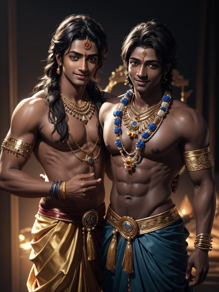 Boys Lord krishna and shiva,smiling,realistic,dark skin,shine,detailed eyes,detailed skin texture,detailed eyelashes,best quality,4k,8k,highres,masterpiece:1.2,ultra-detailed,realistic:1.37,vivid colors,studio lighting,physically-based rendering,extreme detail description,professional