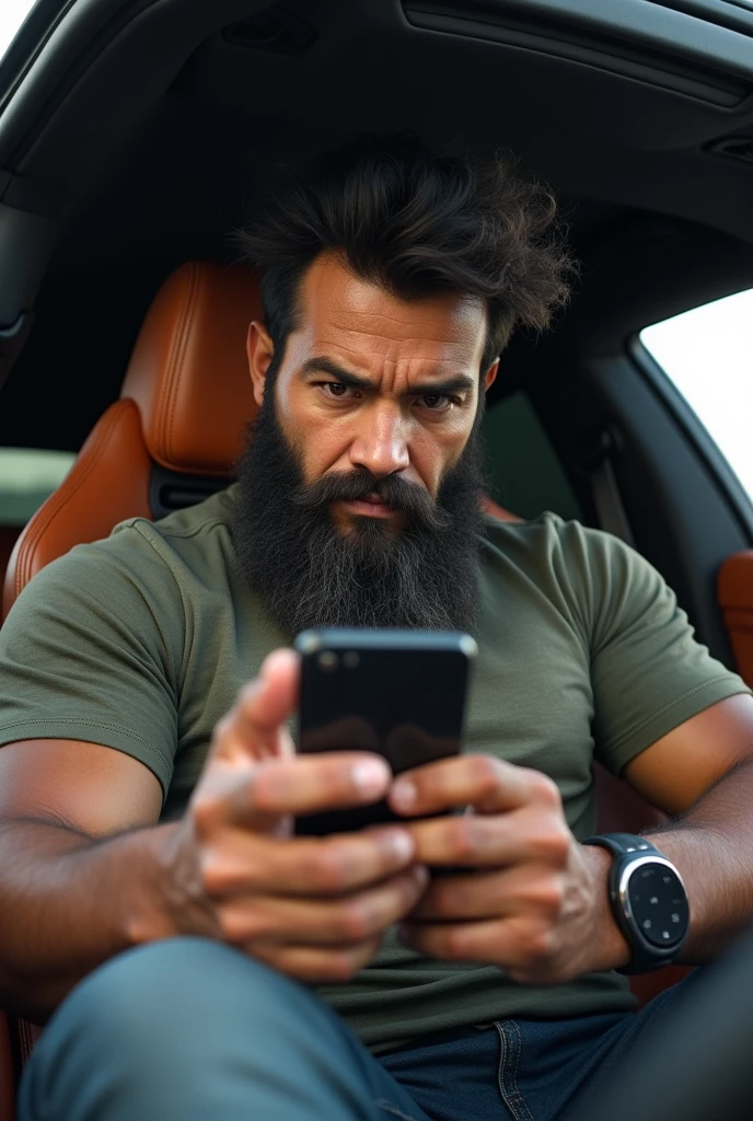 Strong, hairy, bearded mixed race man inside a luxury car, Looking at cell phone.