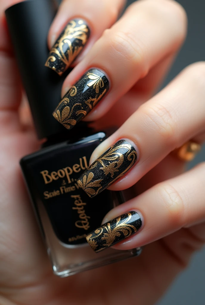 Create a picture with nails done with The Name Nail Designer in black and gold 