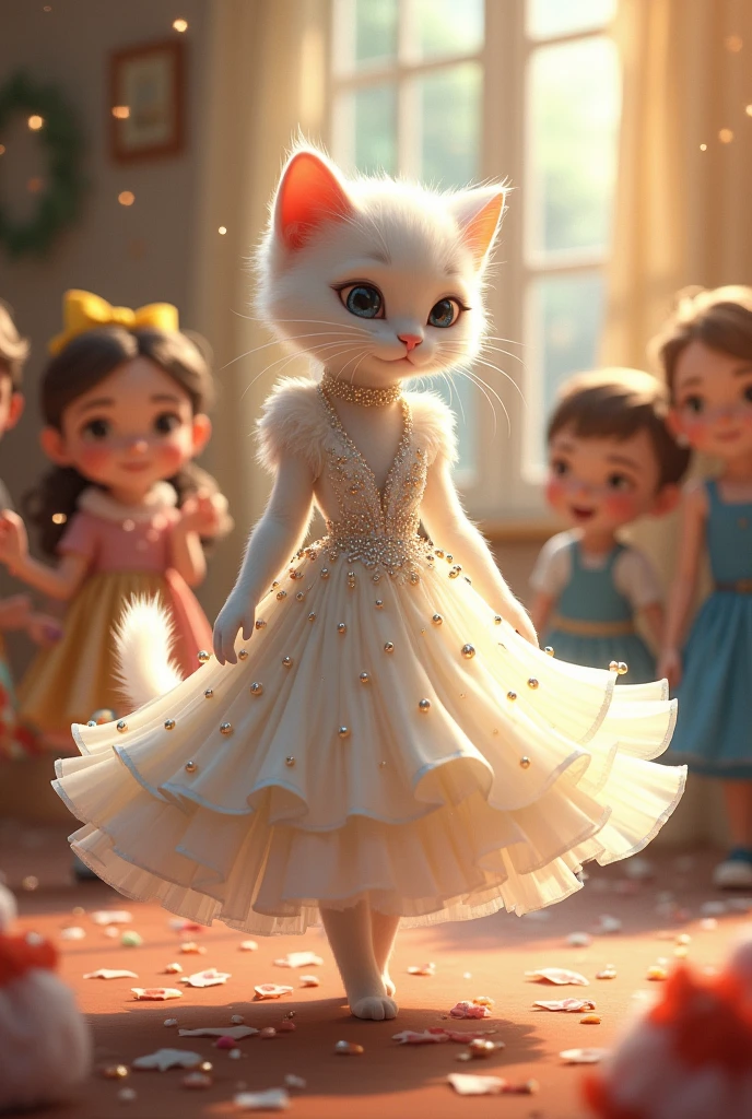 Certainly! Here’s the story of Snowflake the white cat from her perspective:Today was a day full of excitement. I, Snowflake, chose to wear my favorite gown—a delicate creation of shimmering silk, adorned with pearls and silver threads. As I twirled in front of my mirror, I could see the light dance on my dress, making me feel like! My family was already bustling about, each one preparing for our outing. My mother, Grace, wore her elegant, floral ensemble, which matched her warm and nurturing demeanor. My playful brother, Leo, was already full of energy, his bright yellow bow tie bouncing with his every move. Bella, my gentle sister, chose a soft blue dress that complemented her serene nature. Together, we looked like a parade of elegance and joy.