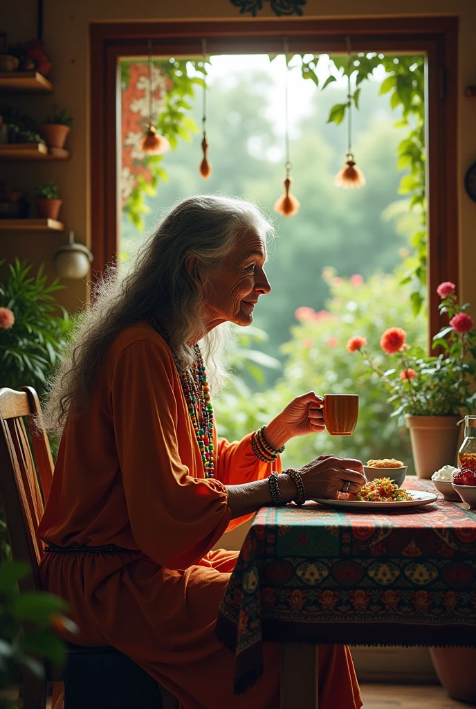 Profile silhouette of a 67 year old hippie bohemian woman eating in her dining room with a garden view



