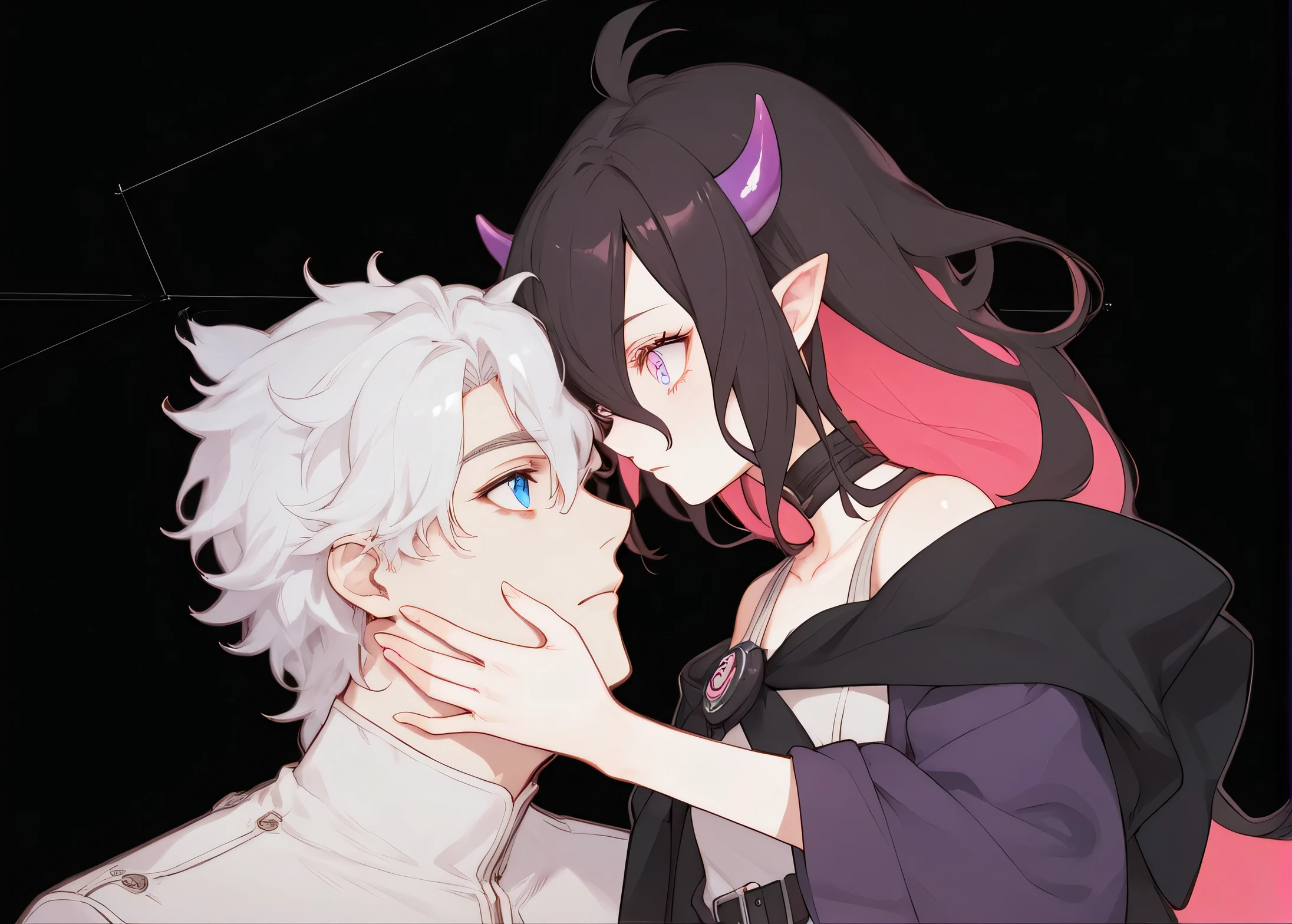 source_anime, BREAK, 1boy, 1girl, looking at each other, girl has pointy ears, fluffy hair, wavy hair, hair between eyes, big eyes, cute face, very long hair, long eyelashes, cat eyes, collarbone, black scarf, long black scarf, shiny skin, shiny hair, sunny, dramatic lighting, official artwork, sunny day, layered clothes, bare shoulder, long sleeve, belt, dark outfit, face focus, strong manly boy, future background, sci-fi background, purple horn girl, pink eye girl, blue eye boy
