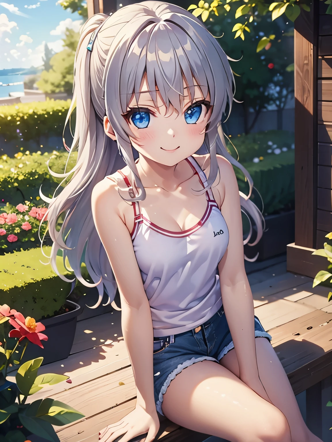 (masterpiece, Highest quality:1.2), One person, alone,nao.Tomori,Blue eyes,smile、blush、Silver Hair、Beautiful attractive eyes、White camisole、Tank top、Shorts、garden