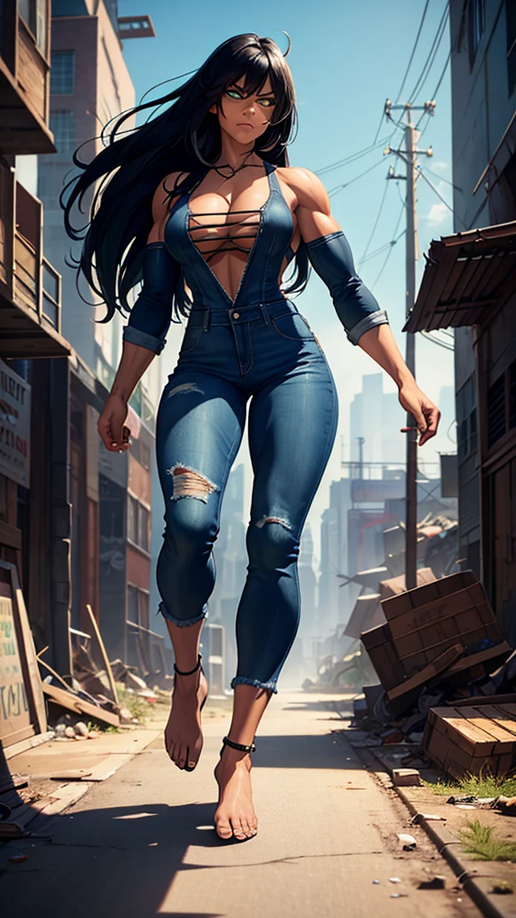 Muscular She-Hulk, black hair, green skin, wearing a blue denim jumpsuit , walking barefoot in a junkyard, full body shot.