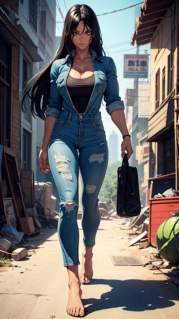 Muscular She-Hulk, black hair, green skin, wearing a blue denim jumpsuit , walking barefoot in a junkyard, full body shot.