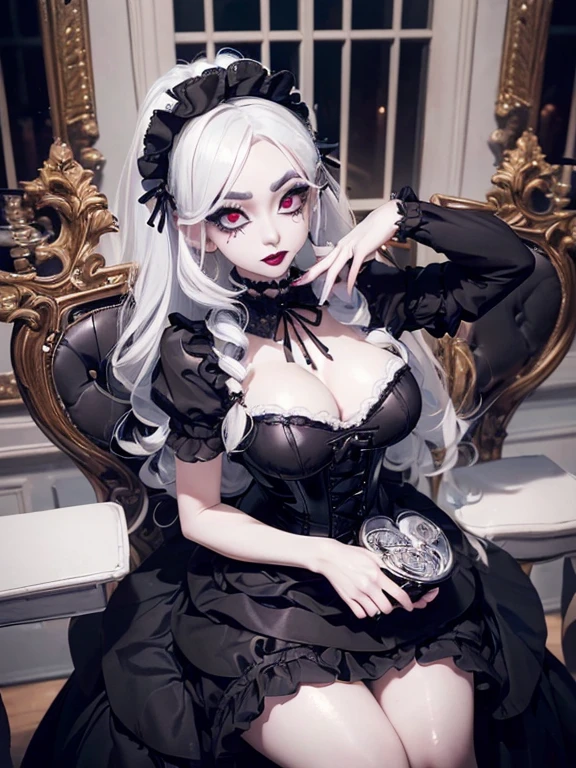 (1 girl 1.3) (extremely detailed 1.3) (anatomically correct, High precision, realistic skin, realistic Fingers, ) (RAW photo, Super detailed, advanced details, intricate details,), (Lighting: Face lighting, Ray tracing, reflective light, Structurally correct) (sitting on an ornate chair inside a Gothic house, candlelight lights the room)) (Subject: beautiful Asian woman with White hair in curls and coils) (wearing a Powder Blue Gothic ta dress, White corset, white, neck wrists and fingers, ((beautiful big eyes looking up at the viewer, black shiny lipstick, perfect Asian goth cyber makeup))