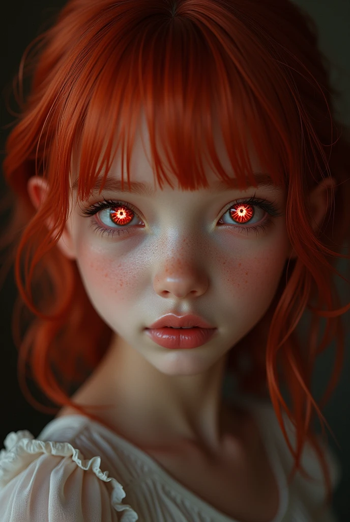 1 girl, star eye, blush, perfect lighting, Red hair, Eyes red, engine unreal, side lighting, face detailed, bangss, shining skin, simple background, darkness background,