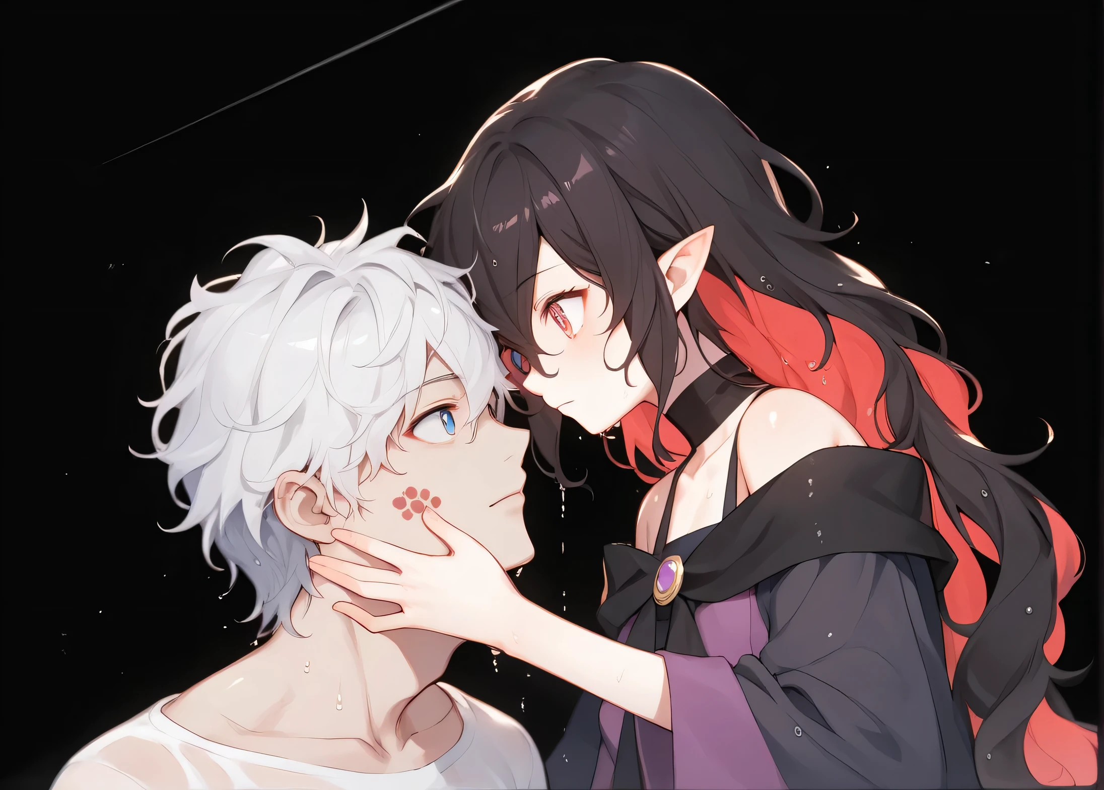 source_anime, BREAK, 1boy, 1girl, looking at each other, girl has pointy ears, fluffy hair, wavy hair, hair between eyes, big eyes, cute face, cat eyes, collarbone, black scarf, long black scarf, shiny skin, shiny hair, sunny, dramatic lighting, official artwork, wet skin, wet hair, sunny day, layered clothes, bare shoulder, long sleeve, belt, dark outfit, blood spots on clothes, face focus,