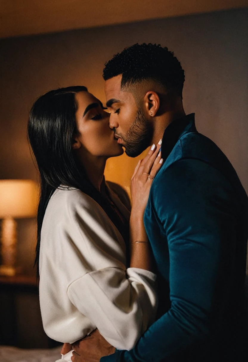 Dua Lipa and a handsome African American male whose facial features are a combo of Jason Derulo + Christian Keyes + Lucien Laviscount share a steamy kiss inside a bedroom lit only by candlelight. Dua has lovely makeup on her face. Nighttime. Romantic ambiance. Symmetrical eyes. Symmetrical faces. Lovely details. Photorealistic. Full-colored photo. Professional photo. Highly detailed 8K.