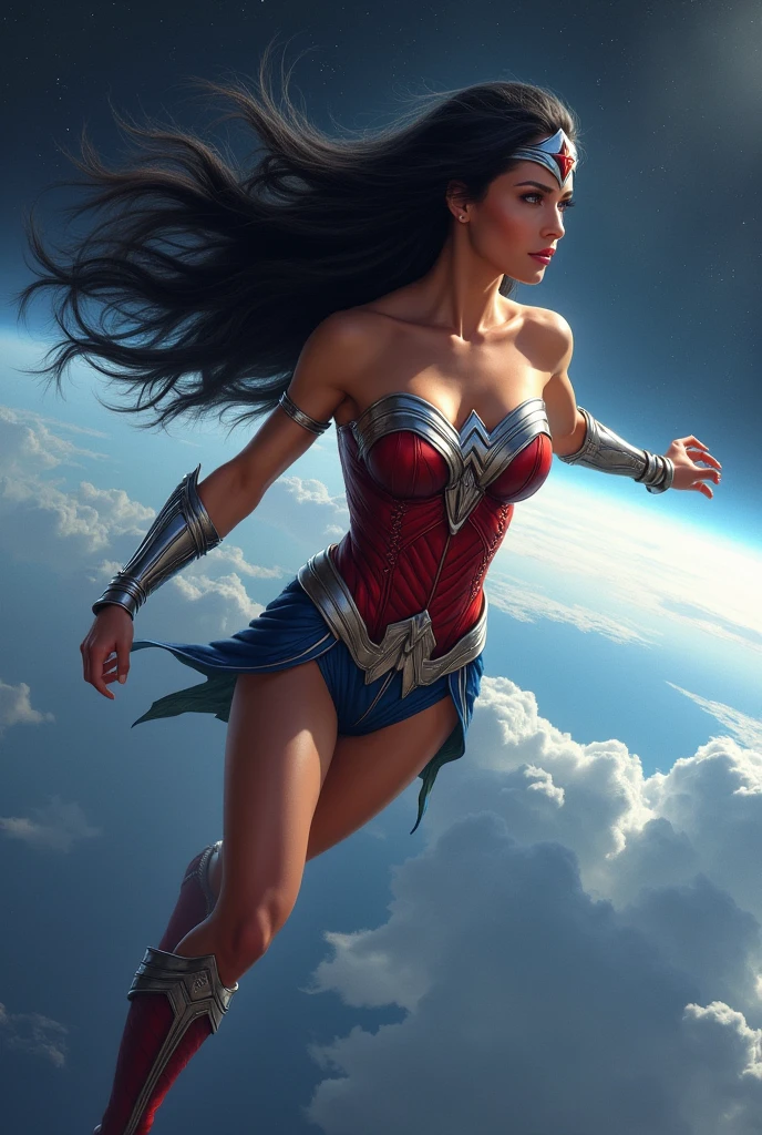 A beautiful woman with long black hair wearing the costume of the Amazon warrior Wonder Woman (((Red and blue leather jumpsuit)))Silver colored diaema with a star on her forehead silver colored bracelets red leather boots long to her knees flying over space and looking at the planet earth from above in space