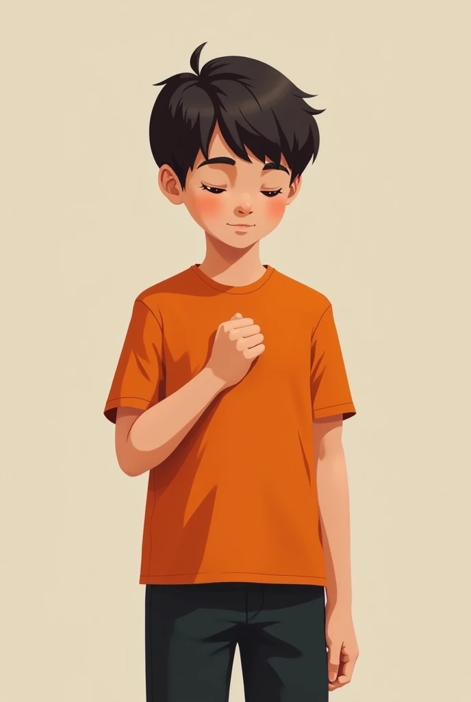 Fist on chest which gives a faithful 
wives , with normal orange t-shirt and black pant , young boy , with head leaning down and eyes closed 
with respect ,  
