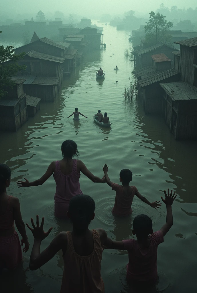 Make Bangladesh map under water by flood people and animals want help crying need rescue team try to rescue children and women hradly
